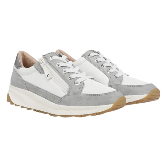 A pair of white and gray sneakers featuring laces and side zippers, with a gum sole and low profile design.