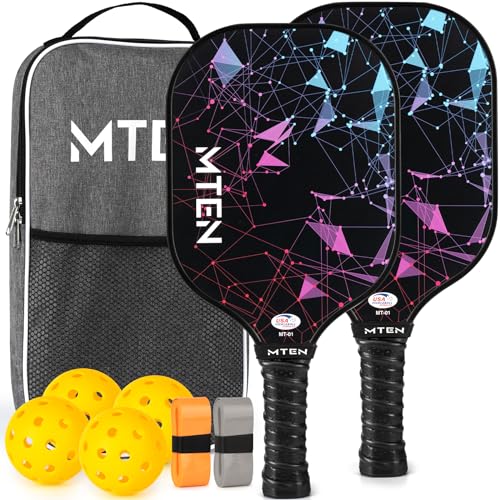 Two pickleball paddles with a geometric design, four yellow balls, and two sweatbands, all contained in a gray backpack-style carry case.