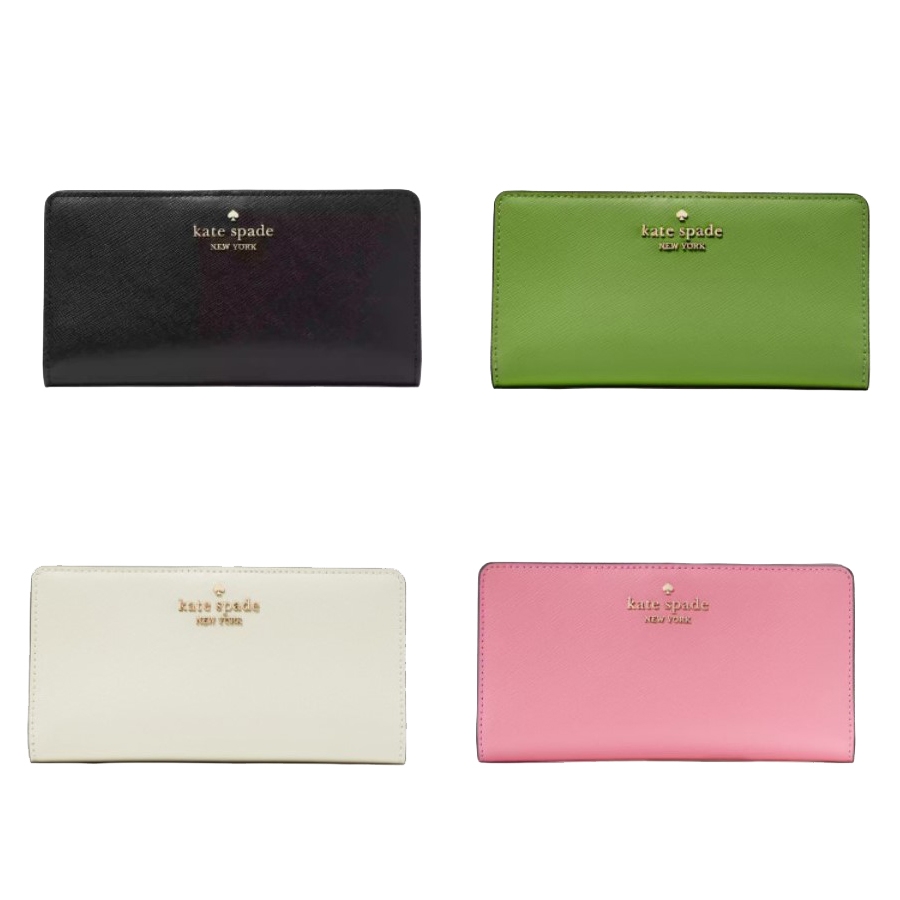 Four rectangular wallets in black, green, ivory, and pink, each with the Kate Spade logo.