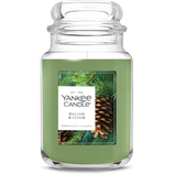 Yankee Candle jar in Balsam & Cedar scent, featuring a room-filling fragrance and a green appearance with pine imagery on the label.