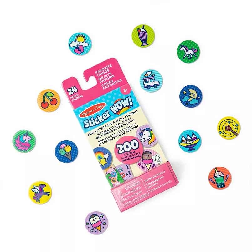 Melissa & Doug Sticker WOW! activity pad features 24 pages and 200 colorful round stickers with fun designs like ice cream, unicorns, and balloons, suitable for ages 3 and up.