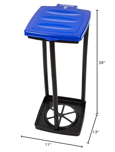 Open garbage bag holder with a blue lid and black frame, dimensions: 26\“ H x 11\“ W x 13\“ D.