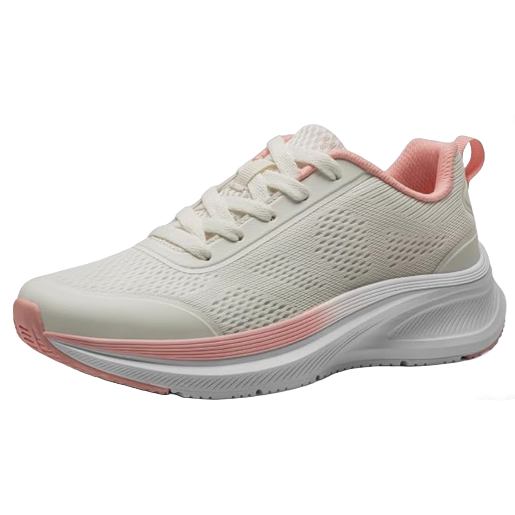 Women's walking sneakers with a mesh upper, white and light pink color scheme, lace-up design, cushioned sole, and a pink pull tab at the heel.