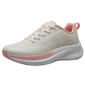 Women's walking sneakers with a mesh upper, white and light pink color scheme, lace-up design, cushioned sole, and a pink pull tab at the heel.