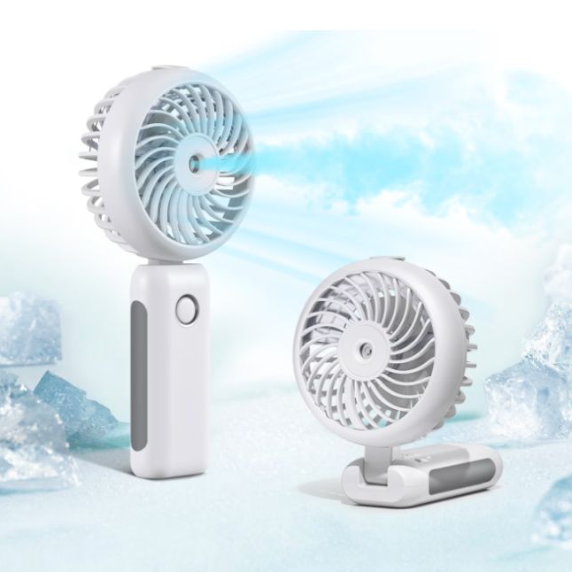 Two white portable fans, one handheld and one with a clip-on base, are displayed with an icy background.