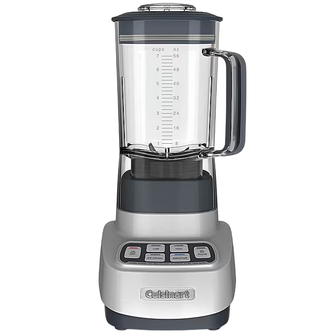 Cuisinart blender with a clear pitcher marked with measurements and buttons for various functions, including low, high, ice crush, smoothie, and pulse.
