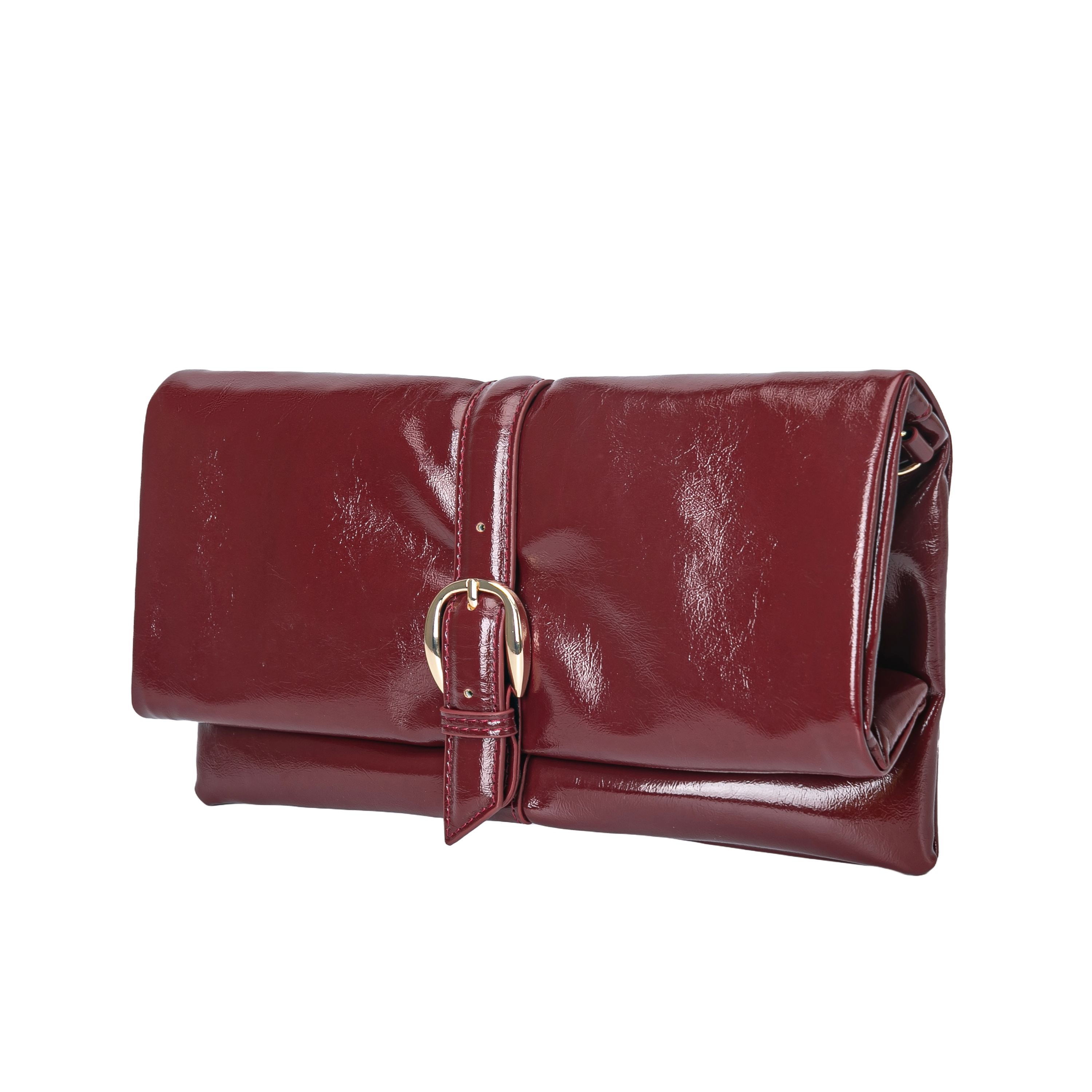 Maroon glossy clutch with a buckle strap detail, featuring a fold-over design.
