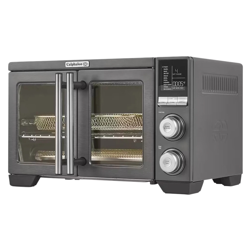 Calphalon Air Fryer & Toaster Oven features dual French doors, a digital display, and control knobs for temperature and cooking functions. It includes air fry baskets and offers multiple cooking options, such as toast, bake, and dehydrate.
