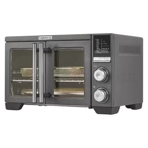 Calphalon Air Fryer & Toaster Oven features dual French doors, a digital display, and control knobs for temperature and cooking functions. It includes air fry baskets and offers multiple cooking options, such as toast, bake, and dehydrate.