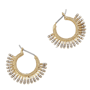 Gold hoop earrings with radial extensions, each tipped with sparkling crystals, resembling a sunburst pattern.