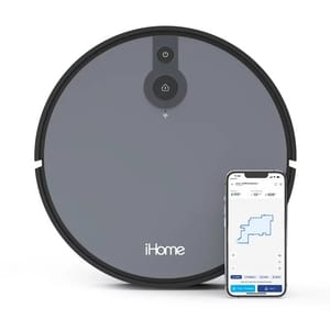 A robotic vacuum cleaner paired with a smartphone app displaying a cleaning map.