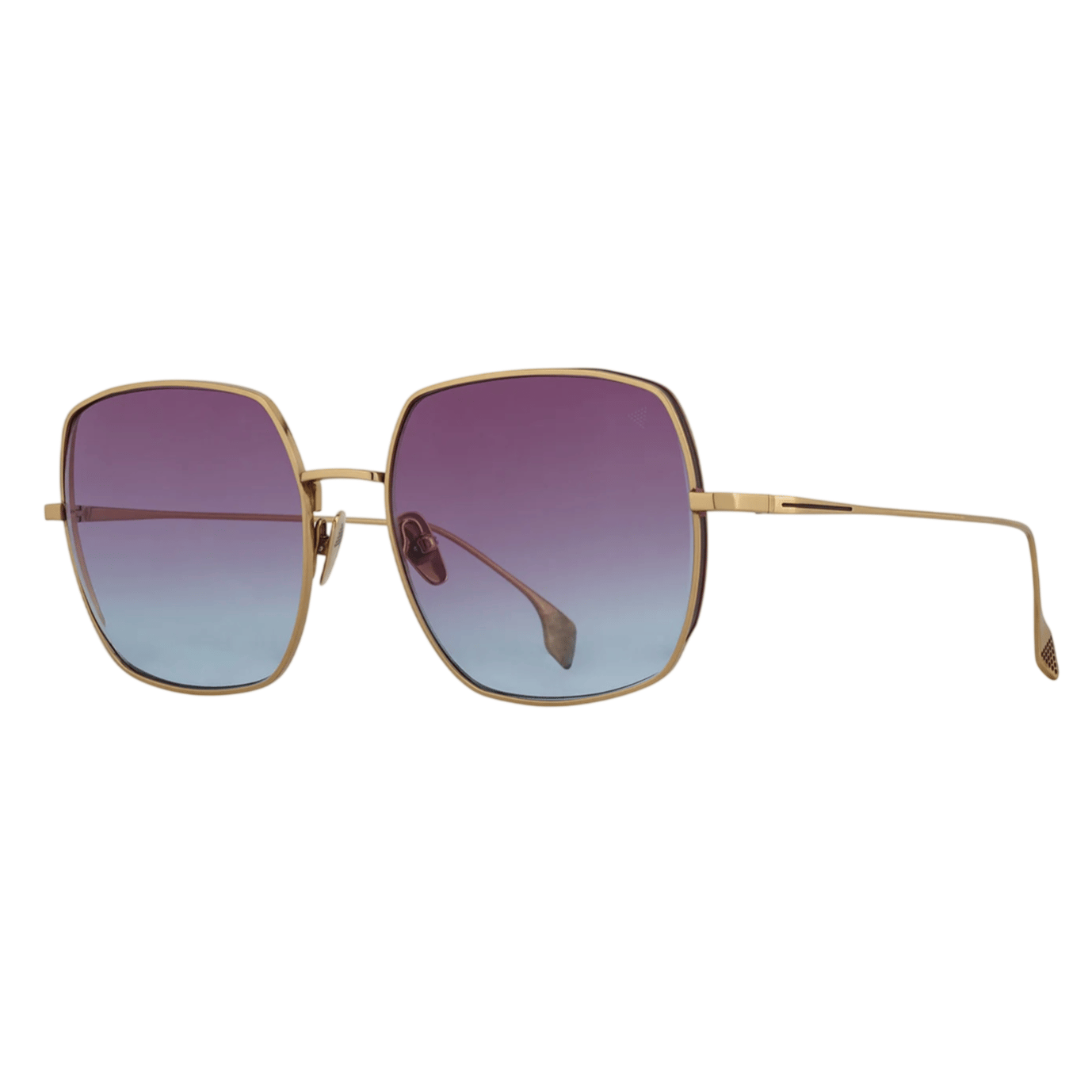 Gold-framed sunglasses with a gradient lens transitioning from purple to blue.