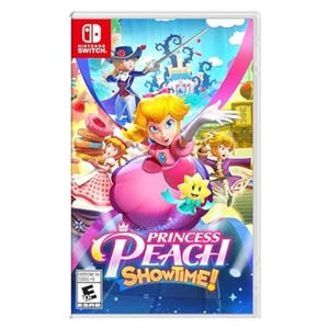 The cover for \“Princess Peach: Showtime!\“ shows a colorful scene with Princess Peach in various dynamic poses, suggesting a lively adventure game for the Nintendo Switch. It is rated E for Everyone 10+.