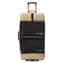 A beige and black rolling suitcase with an orange handle features the Jeep logo and two front zippered pockets.