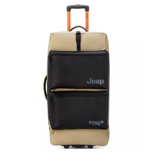 A beige and black rolling suitcase with an orange handle features the Jeep logo and two front zippered pockets.
