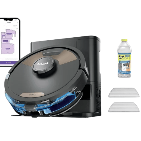 Shark robot vacuum with docking station, accompanied by a smartphone displaying a control app, bottle of cleaning solution, and additional accessories.