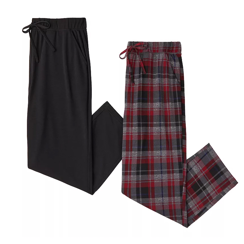 Two pairs of pajama pants with drawstring waists: one solid black and the other in a red, gray, and black plaid pattern.