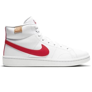 White high-top sneaker with a red Nike swoosh and tan logo tag on the tongue.