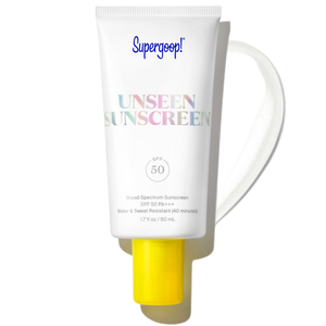 Supergoop! Unseen Sunscreen SPF 50 is a broad-spectrum, SPF 50 PA++++ sunscreen that is water and sweat-resistant for 40 minutes. The tube contains 1.7 fl oz (50 mL) with a yellow cap.