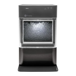 GE Profile countertop ice maker with a sleek black design and a clear front window displaying nugget ice. Controls include options for cleaning, lighting, and power functions.