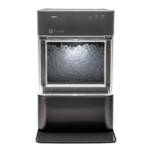 GE Profile countertop ice maker with a sleek black design and a clear front window displaying nugget ice. Controls include options for cleaning, lighting, and power functions.