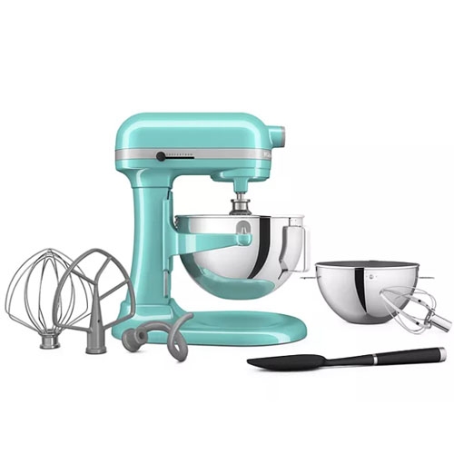 A blue stand mixer with a stainless steel bowl, featuring multiple attachments including a whisk, dough hook, beater, and a spatula.