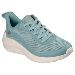 Light blue athletic sneaker with a white sole and mesh upper, featuring laces and a branded logo on the side.