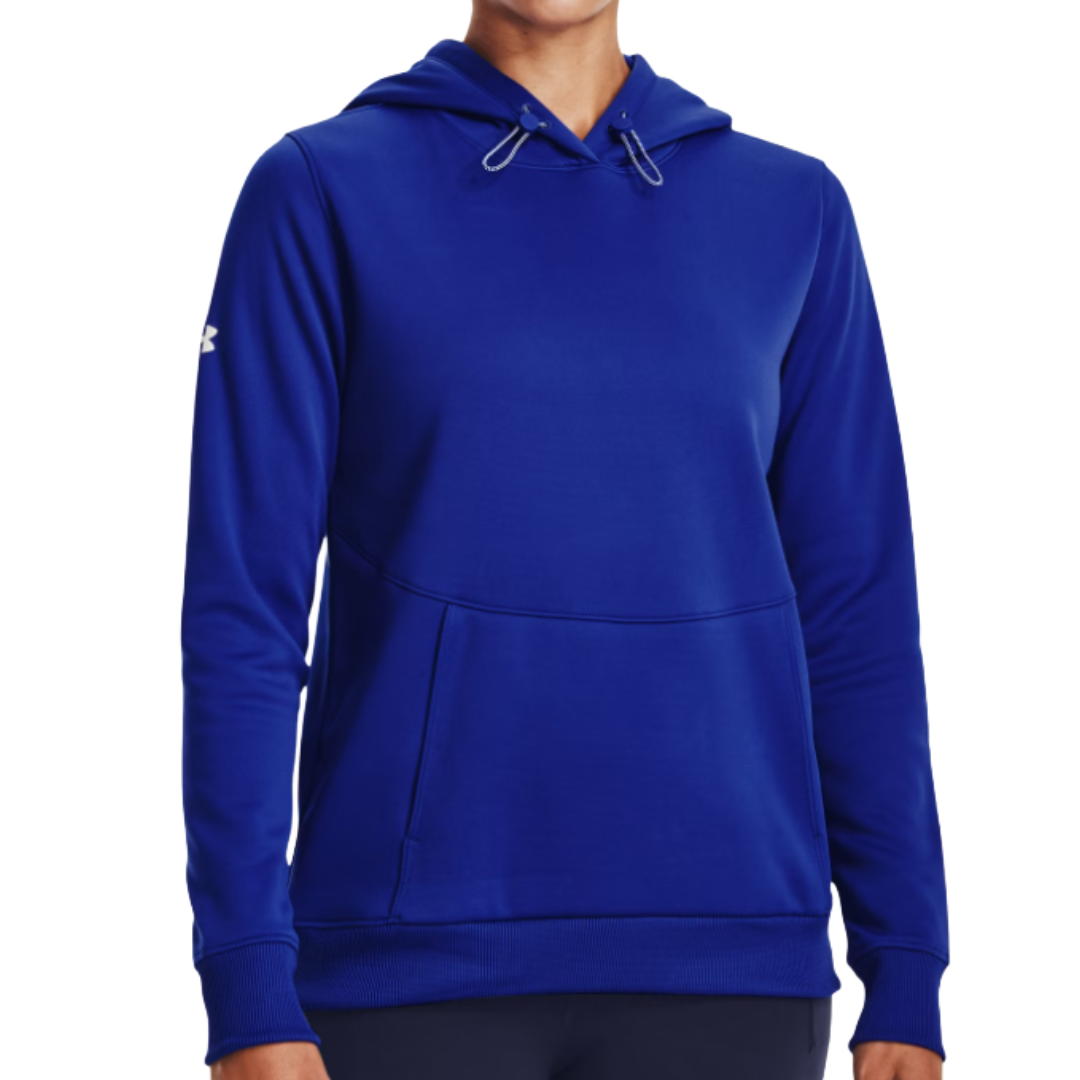 A blue Under Armour hoodie with long sleeves, a front pocket, and a drawstring hood.