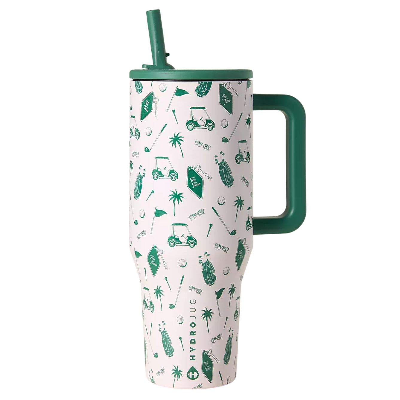 A tall, green and white insulated mug with a straw and handle, featuring a golf-themed pattern including carts, clubs, and balls, branded as HydroJug.