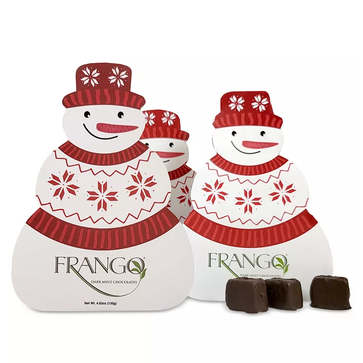 Three Frango Chocolates Snowman Gifts featuring festive snowman designs with red hats and sweaters, each containing dark mint chocolates. The packaging showcases a cheerful winter theme with decorative patterns.