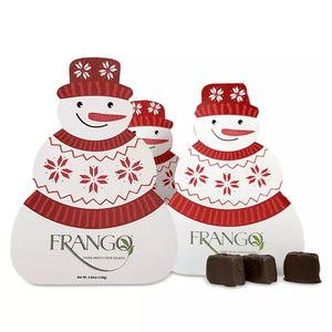 Three Frango Chocolates Snowman Gifts featuring festive snowman designs with red hats and sweaters, each containing dark mint chocolates. The packaging showcases a cheerful winter theme with decorative patterns.