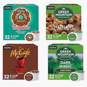 Four boxes of Keurig K-Cup coffee pods in various flavors: Original Donut Shop Regular, Green Mountain Hazelnut, McCafé Premium Roast, and Green Mountain Dark Magic.