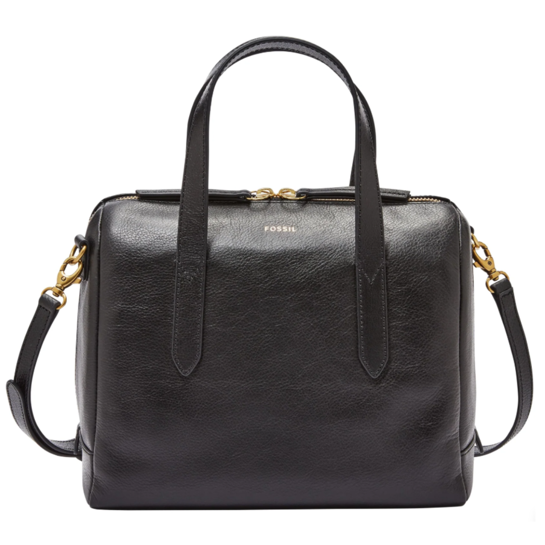 The Fossil Sydney Satchel is a black leather handbag featuring dual top handles, a detachable shoulder strap, and gold-tone hardware. It has a structured design with a zip closure and a subtle logo on the front.