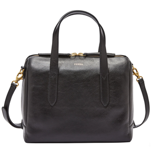 The Fossil Sydney Satchel is a black leather handbag featuring dual top handles, a detachable shoulder strap, and gold-tone hardware. It has a structured design with a zip closure and a subtle logo on the front.
