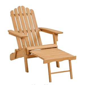 Folding Adirondack chair made of natural wood with a slatted design, featuring a matching pull-out ottoman for added leg support.