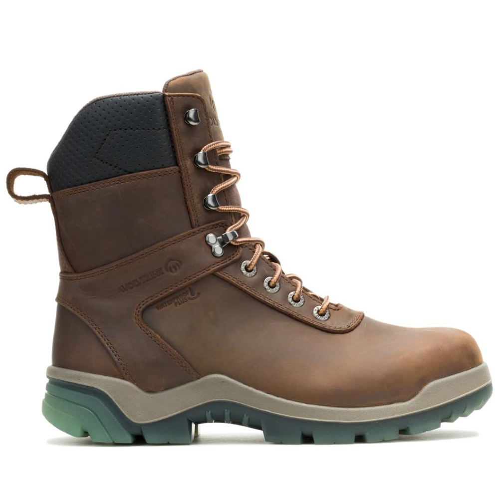 A brown work boot with a black padded collar, metal eyelets, and a sturdy rubber sole designed for durability and protection.