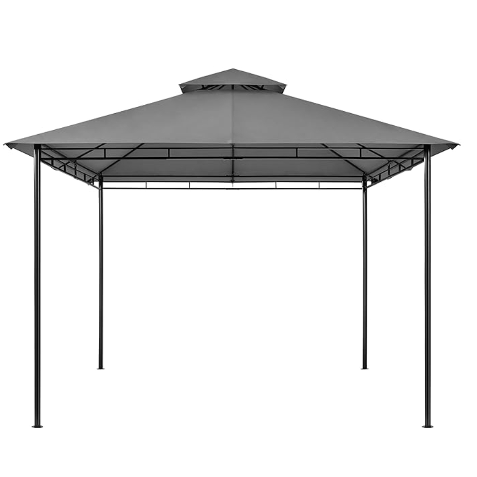 A metal-framed, square gazebo with a dual-tiered gray canopy roof supported by four posts.