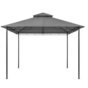 A metal-framed, square gazebo with a dual-tiered gray canopy roof supported by four posts.