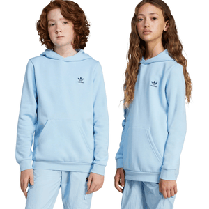Light blue Adidas kids' hoodie with a small Adidas Trefoil logo on the chest, featuring a front kangaroo pocket and ribbed cuffs and hem.