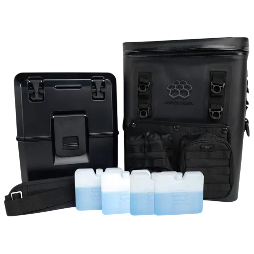 A black, portable cooler set including a sturdy insulated cooler box, a matching bag with organizational pockets, and a removable shoulder strap, accompanied by four rectangular ice packs.
