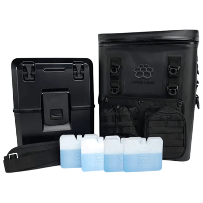 A black, portable cooler set including a sturdy insulated cooler box, a matching bag with organizational pockets, and a removable shoulder strap, accompanied by four rectangular ice packs.