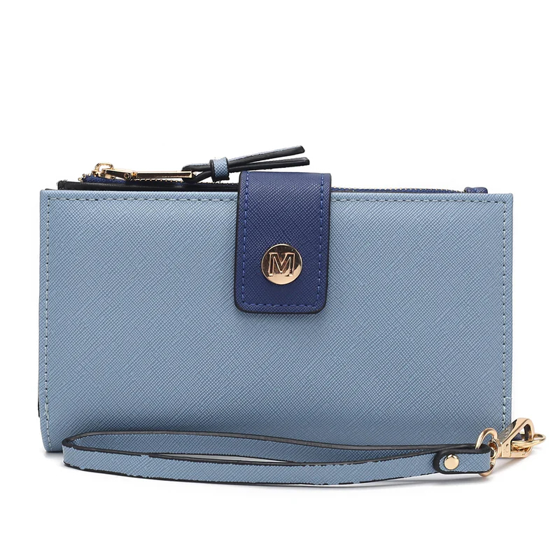 A light blue textured wristlet with a detachable strap, featuring a gold-tone \“M\“ emblem on a dark blue flap closure and zippered top.