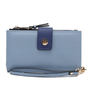 A light blue textured wristlet with a detachable strap, featuring a gold-tone \“M\“ emblem on a dark blue flap closure and zippered top.
