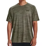 A man wears an olive green Under Armour short-sleeve performance t-shirt with a subtle heathered texture and a small logo on the chest.