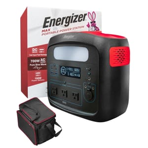 Energizer Max Portable Power Station with 700W AC output and 100W USB-C PD, featuring a pure sine wave inverter. It includes a carry case and offers dual input fast recharge.