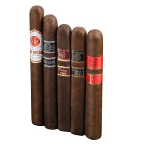Five cigars with various labels are aligned vertically, showcasing different blends and wrappers.