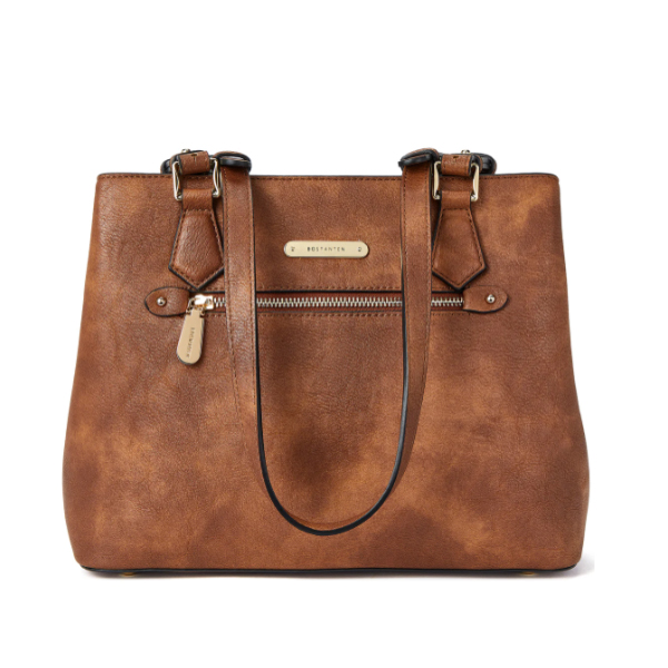 A brown leather tote bag with a front zipper pocket and black handle straps.