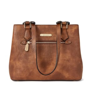 A brown leather tote bag with a front zipper pocket and black handle straps.