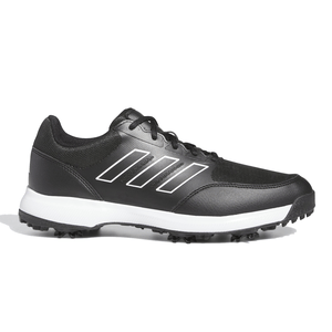 Black athletic shoe with laces, featuring three white stripes and a white sole.