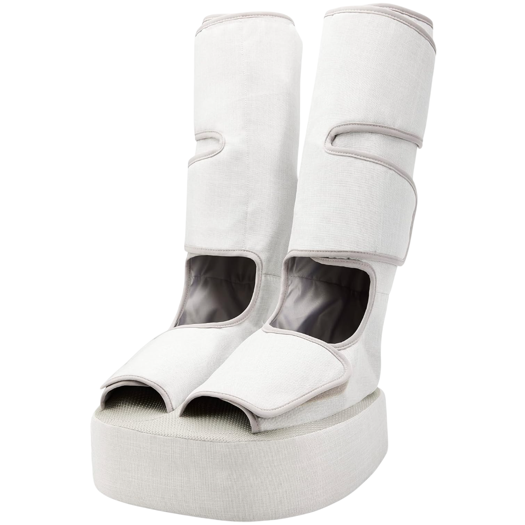 Tall white platform shoes with open toes and adjustable calf straps, featuring a padded design for comfort and support.